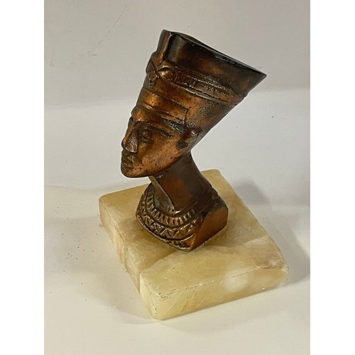 57 - Vintage Bronzed Figure Of Nefertiti On Alabaster Base. 8 x 6.5 x 11 cms