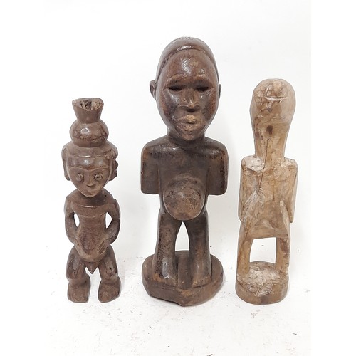 258 - 3 x Carved wood Tribal Figures, one white in the form of a Bird, Tallest 28cm high