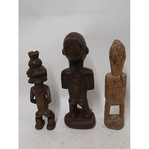 258 - 3 x Carved wood Tribal Figures, one white in the form of a Bird, Tallest 28cm high