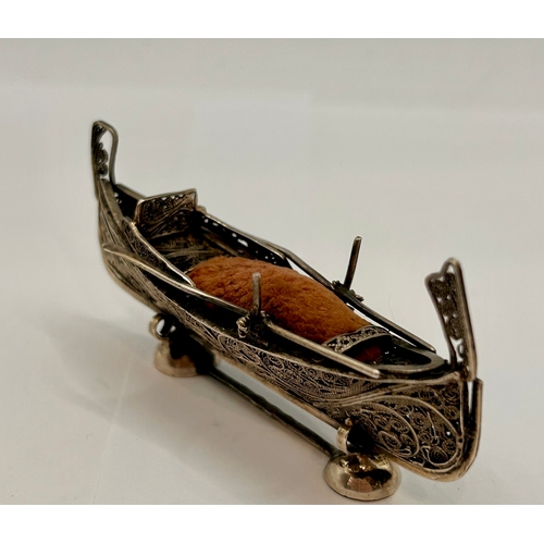 17 - Silver Stamped 800 Filigree Silver Pin Cushion in the form of a boat 8cm x 2.5cm x 3.5cm, 17.53Grams... 