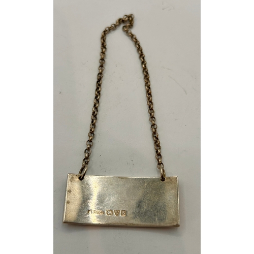 19 - Silver Hallmarked Sherry Bottle Neck tag. 9cm x 4cm, 8.92Grams.