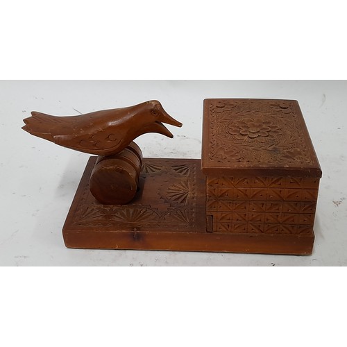 263 - Treen Cigarette Dispenser with carved decoration, 18cm x 11cm x 8cm