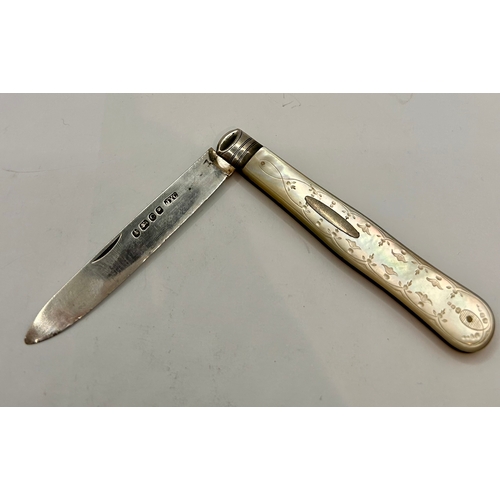 26 - Silver Hallmarked Pearl Handled Folding Fruit Knife. 9cm x 2cm, 25.79Grams.