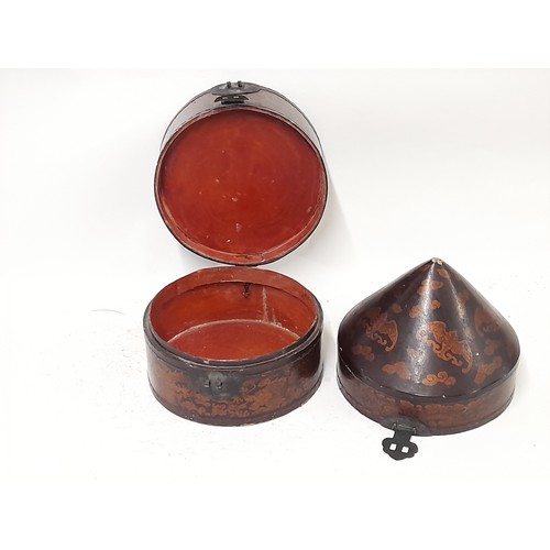 73 - Round Chinese 3 part Hat Box with Lacquer finish, 35cm high x 32cm diameter