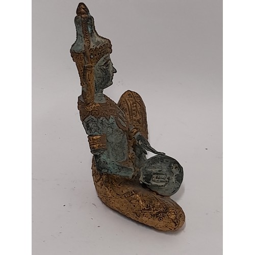 91 - Bronze Thai Musician playing a Drum in Seated position, 14cm high x 12cm wide