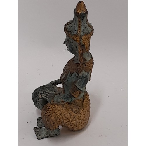 91 - Bronze Thai Musician playing a Drum in Seated position, 14cm high x 12cm wide