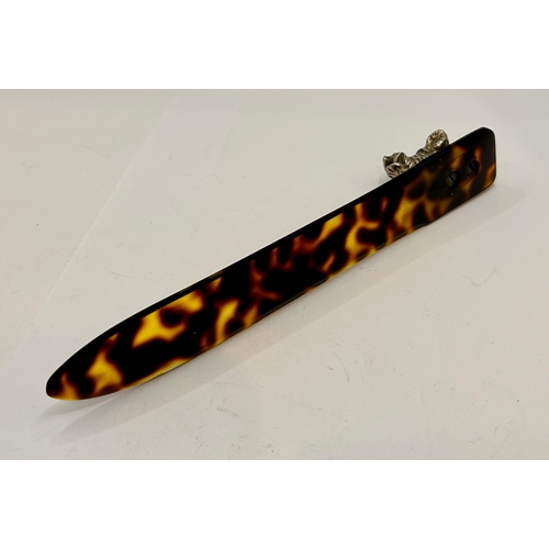 48 - Antique Tortoiseshell Book marker With Raises White Metal Bores Head Decoration. 18cm x 2.5cm x 3cm.