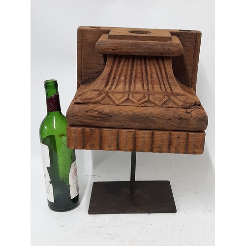 107 - Wood Carved Corbel on Steel Stand, 40cm x 27cm x 19cm