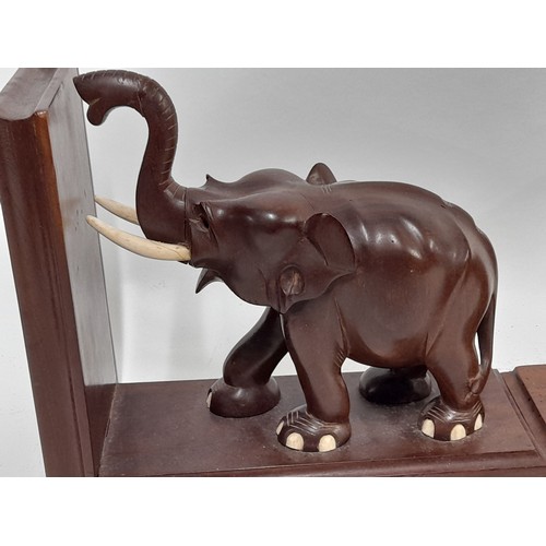 109 - Carved woof Elephant Book Ends, 24cm x 20cm x 10cm