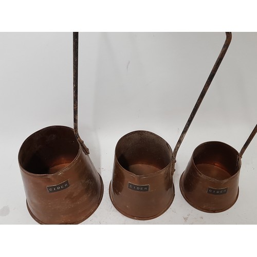 114 - Set of 3 Copper Cider Measures with Brass label and Iron handles