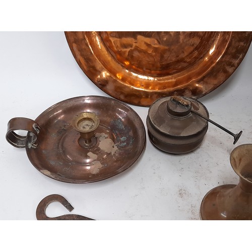 115 - Copper an Brass wall hanging Platters chestnut roasters copper burner, candlestick,      (8)