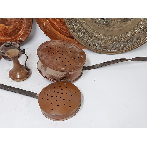 115 - Copper an Brass wall hanging Platters chestnut roasters copper burner, candlestick,      (8)