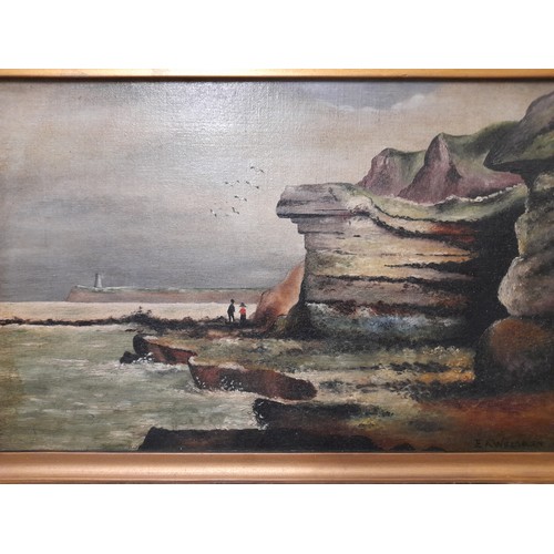 124 - Framed Oil on Canvas (possibly looking south to Flamborough Head) signed E A Welburn lower right, 48... 