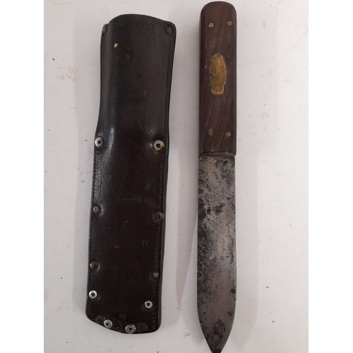 291 - Possibly Military Wood Handle Knife In Leather Sheath 12.5cm long