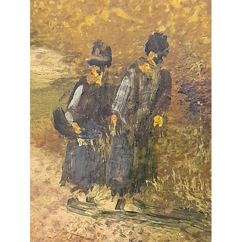 130 - Framed Oil on Board of a couple walking in the countryside, signed G Hyne lower right, 70cm x 61cm