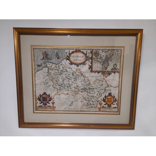 149 - Framed and Glazed 1610 Map of Denbighshire with details verso, 72cm x 59cm