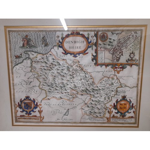 149 - Framed and Glazed 1610 Map of Denbighshire with details verso, 72cm x 59cm