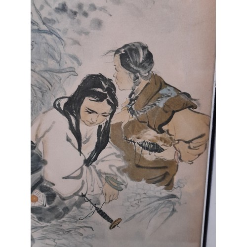 299 - Framed and Glazed picture of 2 Chinese ladies in a field, 29cm x 71cm