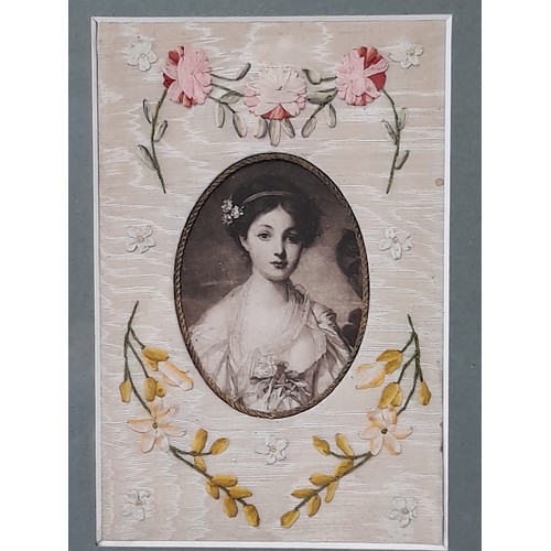 493 - Framed and Glazed Picture of a young lady in a Silk frame, overall size 20cm x 25cm