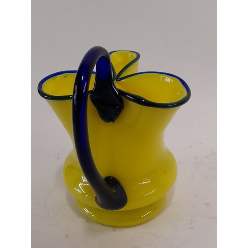 501 - Yellow and Blue Glass Jug possibly Micheal Polwony Loetz, 13cm high