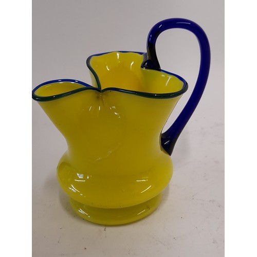 501 - Yellow and Blue Glass Jug possibly Micheal Polwony Loetz, 13cm high