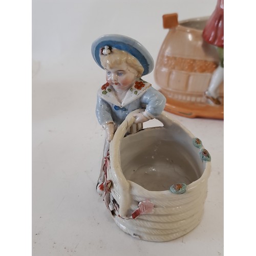 344 - 3 continental ceramic Figurine Toothpick holders/ trinket pots, largest 13cm high x 13.5cm wide