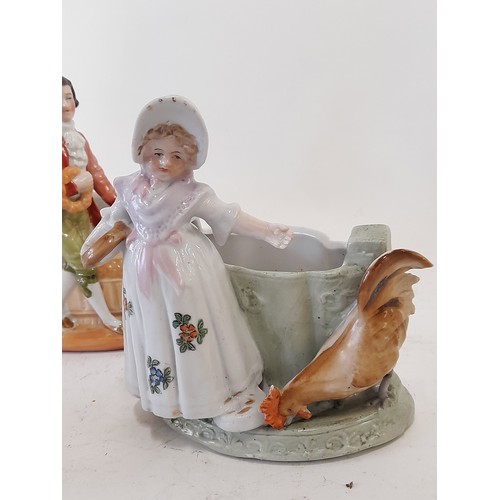 344 - 3 continental ceramic Figurine Toothpick holders/ trinket pots, largest 13cm high x 13.5cm wide