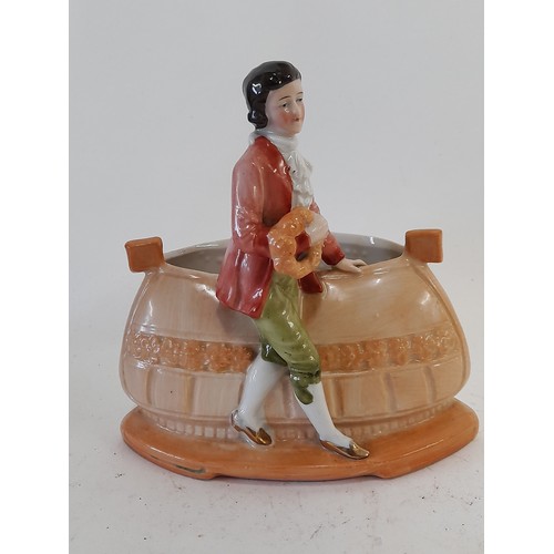 344 - 3 continental ceramic Figurine Toothpick holders/ trinket pots, largest 13cm high x 13.5cm wide