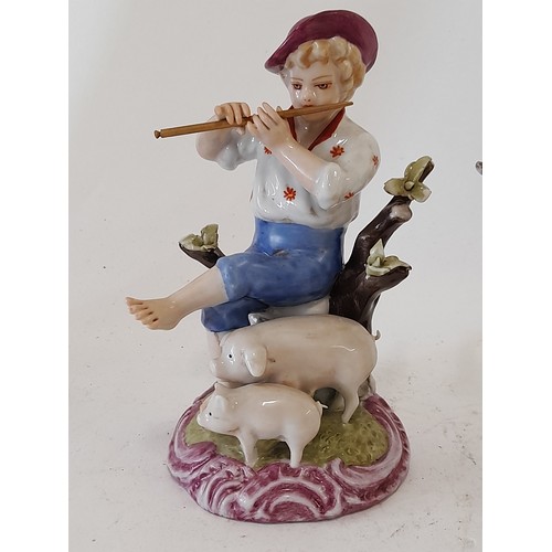 349 - 2 x Figures marked Meissen, Boy with Pigs and Girl with Lamb, 13cm high