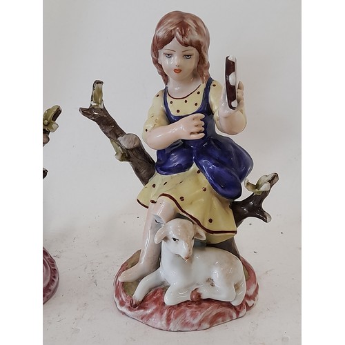 349 - 2 x Figures marked Meissen, Boy with Pigs and Girl with Lamb, 13cm high