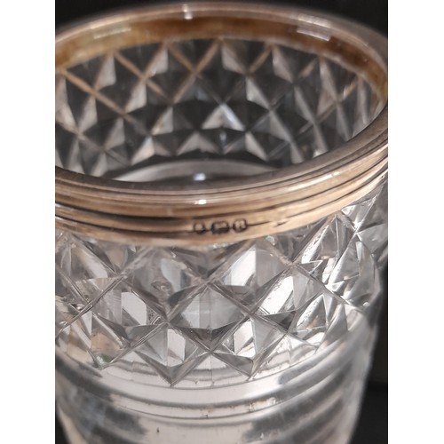 544 - Glass Condiment Jar with Hallmarked Silver Rim, 10cm high x 6cm diameter