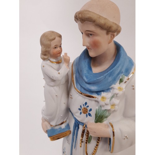 551 - Vintage Bisque Porcelain Figure of St Anthony of Padua with Child, 36cm high