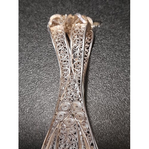 560 - Silver coloured Sugar Tongs with Filigree wire work, 14cm long