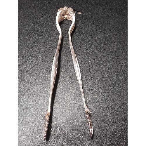 560 - Silver coloured Sugar Tongs with Filigree wire work, 14cm long