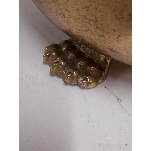 571 - Heavy Brass Planter with 2 x Lion Mask handles and Paw Feet, 15cm high x 24cm wide