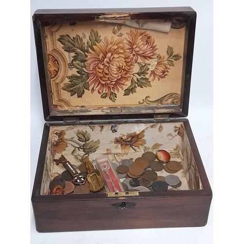 574 - Wooden Box With Contents To Include Coins Pipe Etc , Box Measures 30cm x 22cm x 14cm. Contents inclu... 