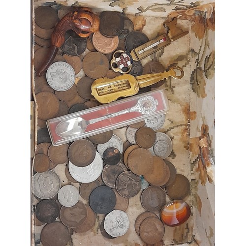 574 - Wooden Box With Contents To Include Coins Pipe Etc , Box Measures 30cm x 22cm x 14cm. Contents inclu... 