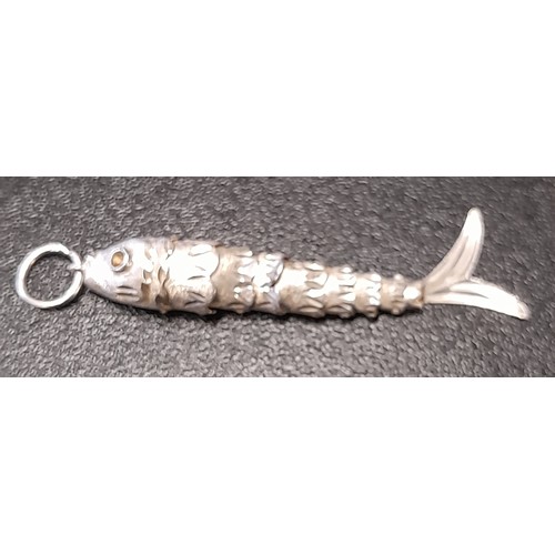 592 - Silver Coloured Articulated Fish Pendent 6cm long, No Marks