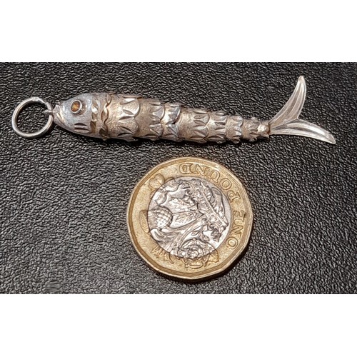 592 - Silver Coloured Articulated Fish Pendent 6cm long, No Marks