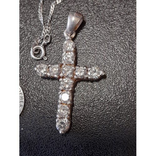 593 - Silver St Christopher on chain with a Silver Cross, both marked 925