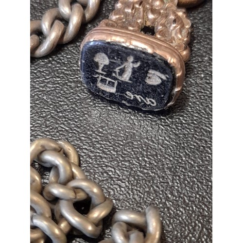 595 - 3 x watch chains with T Bars, Brass Locket, pendant watch and a short chain.     (6)