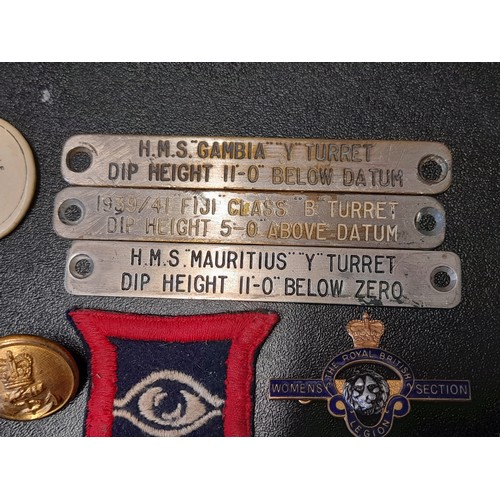 596 - 3 x Plaques of Naval interest together with a brass navy tunic button, and 3 badges.     (7)