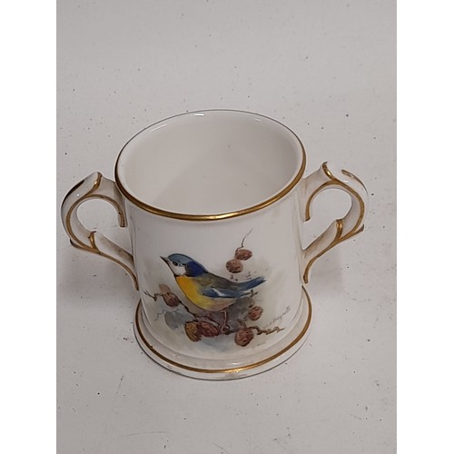 618 - Royal Worcester, Small 2 Handle ornamental Beaker with Blue Tit Decoration, 6cm high x 5cm diameter