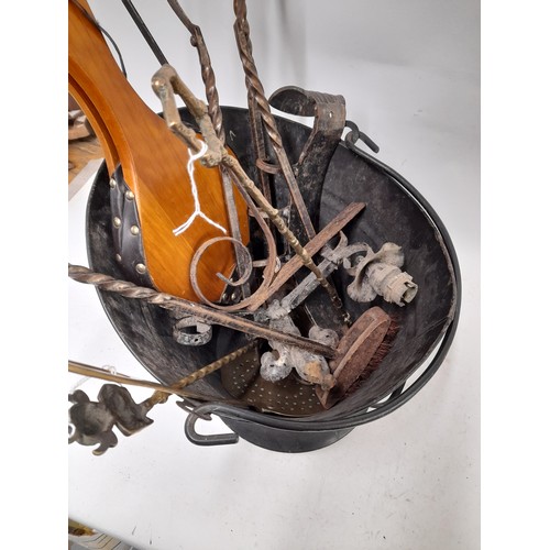 644 - Wrought Iron Companion set , 2 Brass Toasting forks etc contained in a fireside Bucket    (11)