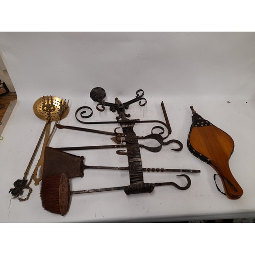 644 - Wrought Iron Companion set , 2 Brass Toasting forks etc contained in a fireside Bucket    (11)