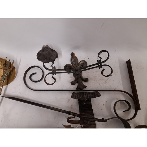 644 - Wrought Iron Companion set , 2 Brass Toasting forks etc contained in a fireside Bucket    (11)