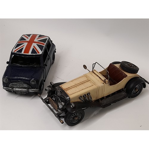 676 - 2 x Metal Display Models of a Vintage Car and a Mini, longest 36cm