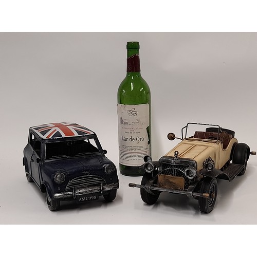 676 - 2 x Metal Display Models of a Vintage Car and a Mini, longest 36cm