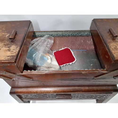 679 - Sewing Box on Casters, Cantilever Top above Drawer, With Some Contents, 49cm x 30cm x 58cm