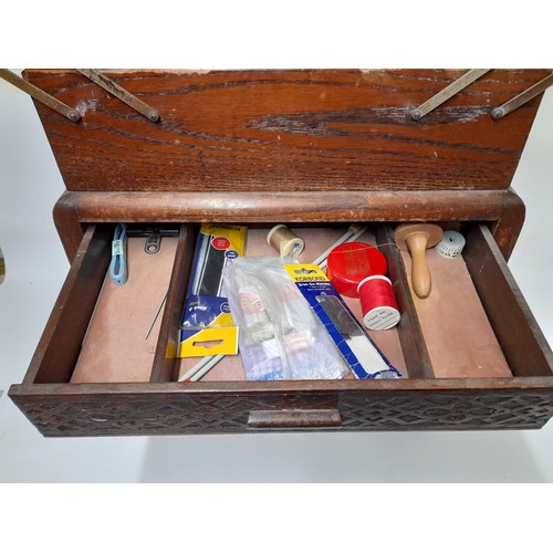 679 - Sewing Box on Casters, Cantilever Top above Drawer, With Some Contents, 49cm x 30cm x 58cm